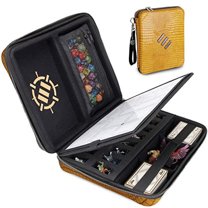 ENHANCE RPG Organizer Case - DnD Binder with Built-in Character Sheet Holder and Erasable Scribe Panel, Dice Rolling Area, Removable Pen Pouch, Miniature Foam Tray, Wrist Strap - color: Dragon Gold