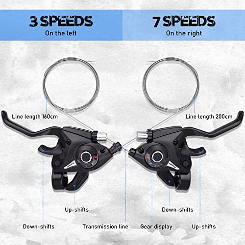 TOBWOLF Bicycle Brake Levers Shifter, 3x7 21 Speed Mountain Bike shifters Set, Left Right Brake Lever Shifter Kits with Gear Indicator, Replacement with Shift Cables for Moutain Bike Folding Bike - color: 3x7 21 Speed