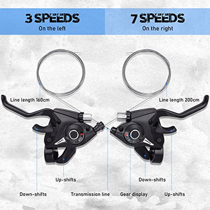 TOBWOLF Bicycle Brake Levers Shifter, 3x7 21 Speed Mountain Bike shifters Set, Left Right Brake Lever Shifter Kits with Gear Indicator, Replacement with Shift Cables for Moutain Bike Folding Bike - color: 3x7 21 Speed