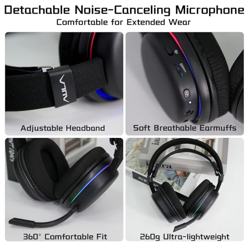 Aula G7 Wireless Gaming Headset, Surround Sound 10ms Low Latency, PC Headset with Detachable Noise Canceling Mic, 40mm Driver, Tri-Mode 2.4G/BT5.2/Wired 3.5mm, Over Ear Headphone for PS5, PS4, Switch - color: Black