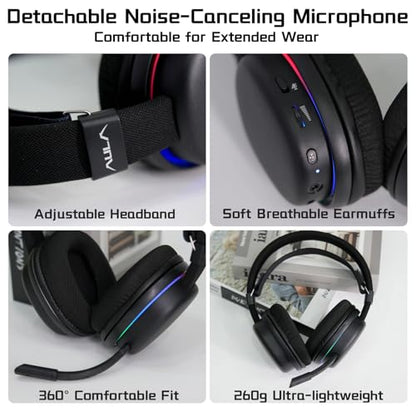 Aula G7 Wireless Gaming Headset, Surround Sound 10ms Low Latency, PC Headset with Detachable Noise Canceling Mic, 40mm Driver, Tri-Mode 2.4G/BT5.2/Wired 3.5mm, Over Ear Headphone for PS5, PS4, Switch - color: Black