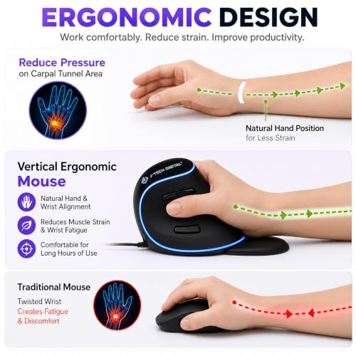 J-Tech Digital Wired Ergonomic Vertical USB Mouse with Adjustable Sensitivity (600/1000/1600 DPI), Scroll Endurance, Removable Palm Rest & Thumb Buttons [V628] - style: Wired