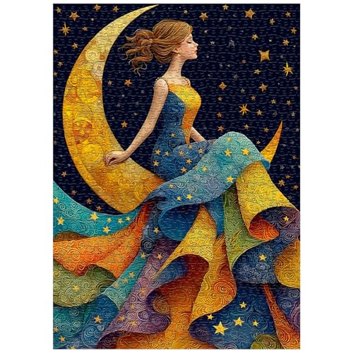 Impossible Puzzles for Adults 1000 Pieces, Pretty Woman Night Scenic Puzzles, Nature Moon Star Jigsaw Puzzles Elegant Lady, Beautiful Woman Art Wall Decor - style: Woman of Star & Moon puzzle