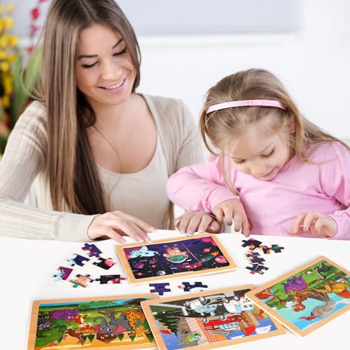 Wooden Puzzles Toys for Kids Ages 3-5, Set of 4 Packs Dinosaur, Space, Transportation Wood Toddler Puzzles, Preschool Brain Teaser Toys for Boys and Girls 3 4 5 6 Years Old - color: Mixed Styles a