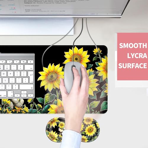 Mouse Pad,Large Desk Mat Set, 4in1 XL Mousepad + Keyboard Wrist Rest+Mouse Wrist Rest+Coaster with Ergonomic Desk Pad for Home Office Table Computer Cover -Elephant with Sunflowers - color: Elephant with Sunflowers