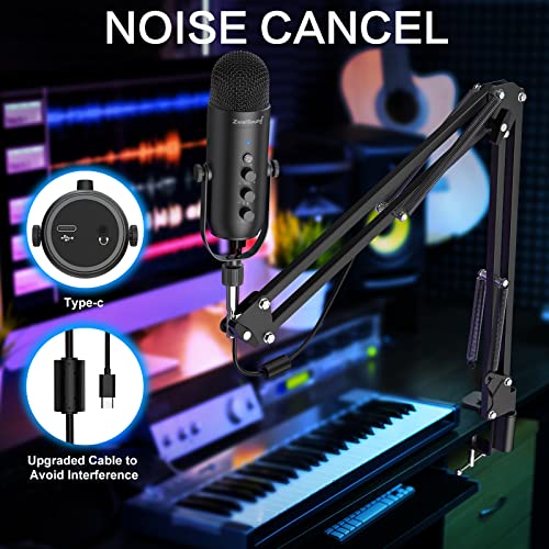 ZealSound Podcast Microphone with Boom Arm, USB Mic with Noise Reduction, Mute, Echo & Volume Control, Zero-Latency Monitoring, Compatible with PC Mac iPhone & Android, for Podcasting Gaming YouTube - color: Black