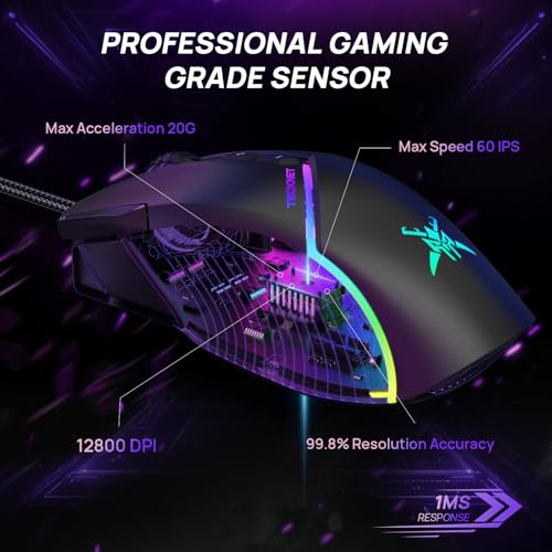 TECKNET Wired Gaming Mouse, 12,800 DPI with Optical Sensor, 8 Programmable Buttons, 13 RGB Backlit Modes, Ergonomic Design, Custom Software Gaming Mice for Laptop,PC - color: Black