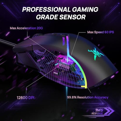 TECKNET Wired Gaming Mouse, 12,800 DPI with Optical Sensor, 8 Programmable Buttons, 13 RGB Backlit Modes, Ergonomic Design, Custom Software Gaming Mice for Laptop,PC - color: Black