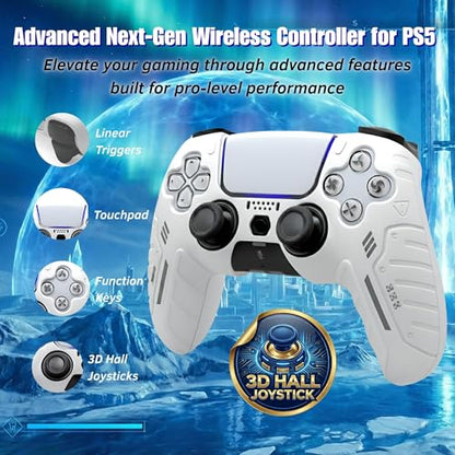 NexoGame Wireless Controller for PS5 with 3D Hall Effect Joysticks, Bluetooth 5.0 Gamepad with Motion Control, Dual Vibration, USB C Rechargeable Design, Compatible with PS5 Console and Windows PC Gaming - color: White
