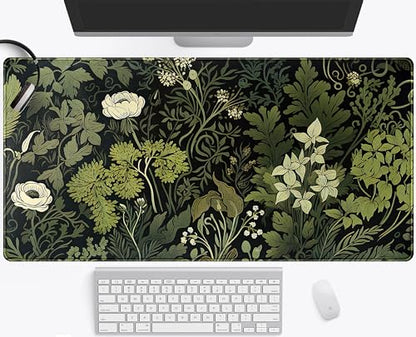 Green Leaves Beige Plants Pad, Large Extend Mouse Pad XXL, Freshness Foliage Keyboard Mat, Black Esthetics Desktop Mat Laptop Wireless Mouse Mat, Gift for Women 31.5"x15.75" - color: Green Leaves of Darkness