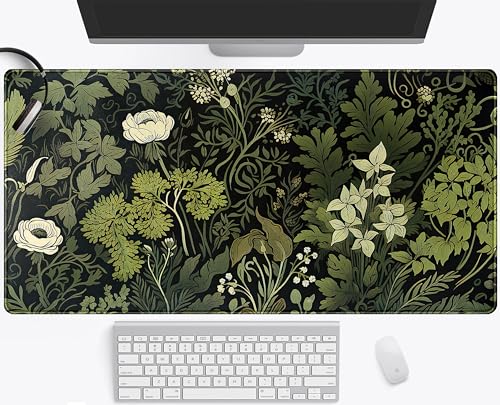 Green Leaves Beige Plants Pad, Large Extend Mouse Pad XXL, Freshness Foliage Keyboard Mat, Black Esthetics Desktop Mat Laptop Wireless Mouse Mat, Gift for Women 31.5"x15.75" - color: Green Leaves of Darkness