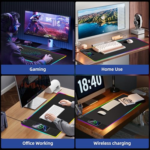 RGB Gaming Mouse Pad with Wireless Charging, Large Desk Mat, 31.5"x11.8" | XXL LED Mousepad, Ultra-Smooth Surface, Non-Slip Rubber Base, Waterproof Computer Keyboard Pad for Gamer, Black - color: Black-rgb+wireles Charging