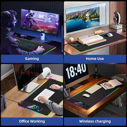 RGB Gaming Mouse Pad with Wireless Charging, Large Desk Mat, 31.5"x11.8" | XXL LED Mousepad, Ultra-Smooth Surface, Non-Slip Rubber Base, Waterproof Computer Keyboard Pad for Gamer, Black - color: Black-rgb+wireles Charging