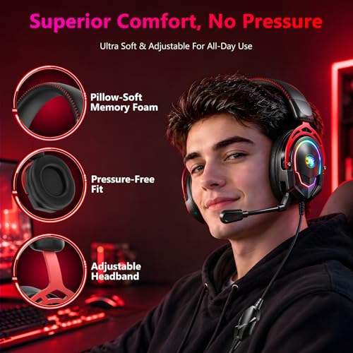 K98 Wired RGB Gaming Headset with Mic, Over Ear Gaming Headphones, 50mm Neodymium Drivers, Noise Isolating Microphone, Memory Foam Cushions, Aluminum Alloy Frame for PC, PS5, PS4, Xbox, Switch - color: Black/Red RGB