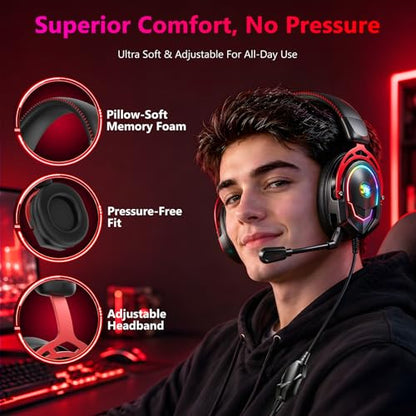 K98 Wired RGB Gaming Headset with Mic, Over Ear Gaming Headphones, 50mm Neodymium Drivers, Noise Isolating Microphone, Memory Foam Cushions, Aluminum Alloy Frame for PC, PS5, PS4, Xbox, Switch - color: Black/Red RGB