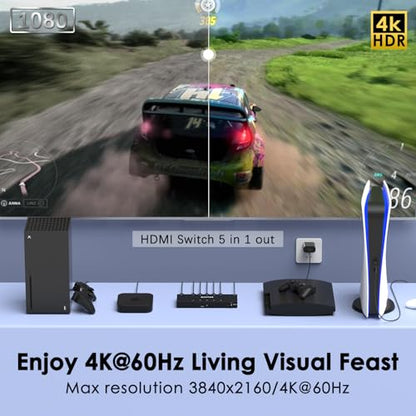 4K@60Hz 5 in 1 Out HDMI Switch, 5 Port HDMI Switcher Selector Support HDR10 & HDCP 2.2 & Full 3D with IR Remote Control Compitable with Nintendo Switch,Xbox PS5/4,Fire Stick,Roku,Apple TV for Gaming - size: 4K@60Hz 5 in 1 Out HDMI Switch Upgraded