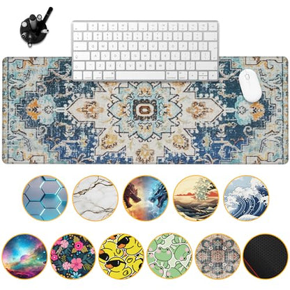 Desk Mat,Bohemian Textile Rug Texture Mouse Pad,31.5""X15.7"" Large Desk Pad with Stitched Edge Non-Slip Base Keyboard Big Mouse Pad for Office Home Work Gaming, WDQ-D10 - color: Colorful Geometry Knitwear Rug