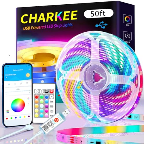 CHARKEE 50ft LED Lights USB-Powered, RGB Strip Lighting for Bedroom/TV Backlight/Gaming Lighting, Color Changing Bluetooth Led Lights with Smart App Control, Music Sync Sound Reaction - size: 50ft USB-Powered