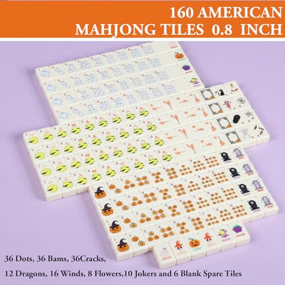 Soulchen Mini American Mahjong Tile Set Include 160 0.8 Inch Mahjong Tiles 2 Dice 4 Wooden Rulers 1 Accessory Bag 4 Beginner Rule Cards(Halloween) - style: Halloween
