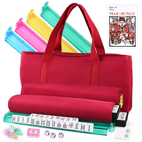 Goldge American Mahjong Tile Set – 166 White Tiles | 4 All-in-One Color Racks with Pushers, 3 Dice, Portable Red Carrying Bag – Complete Mahjong Game Set - color: Red