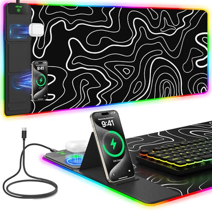 Mouse Pad with Foldable Phone Holder & Wireless Charger, XXL RGB Gaming Mousepad 31.5"x15.8" Large Desk Mat for Keyboard, Black Desk Pad with Dual Qi Charging Station | 11 Colors 5 Modes | Waterproof - color: 31.5x15.75"Phone Stand-Topographic Upgraded