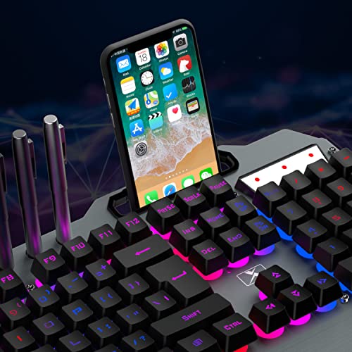 Wireless Gaming Keyboard and Mouse Combo,Rainbow LED Backlit Keyboard with Rechargeable 3800mAh Battery Metal Panel,Removable Wrist Rest Mechanical Feel and 7 Color Mute Gaming Mice for PC PS4 PS5 - color: Black LED Mix