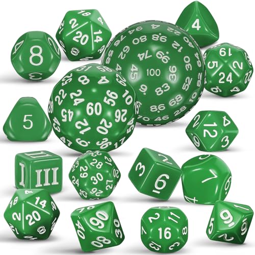 Civaner 15 Pcs Complete Polyhedral Dice Set D3-D100 Spherical RPG Dice Set in Opaque Black, 100 Sides for Role Playing Table Games Party Supplies(Green and White) - color: Green and White