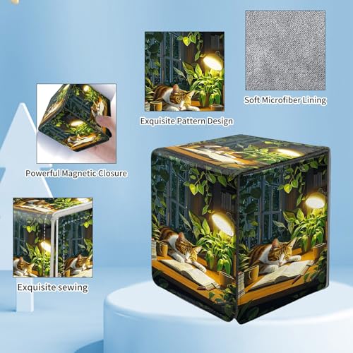 Card Deck Box for MTG Commander,Collectible Trading Storage Box Fits 120+ Single Sleeved Cards Magnetic Case PU Leather for Magic Commander TCG CCG MTG,Cat Book Plant - color: Cat Book Plant