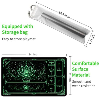 Playmat for MTG with Zones, 24 x 14 Inch Card Game Mat, Stitched Edges, Non Slip Rubber Base, 2mm Washable Play Mat with Storage Bag, Lotus Flower Design, Green Color - color: Green