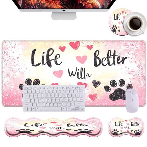Keyboard Wrist Rest+Mouse Wrist Pad+Desk Pad Set,Memory Foam Ergonomic Easy Typing Pain Relief for Computer Laptop Office Home - Glitter Dog Paw Prints - color: Glitter Dog Paw Prints