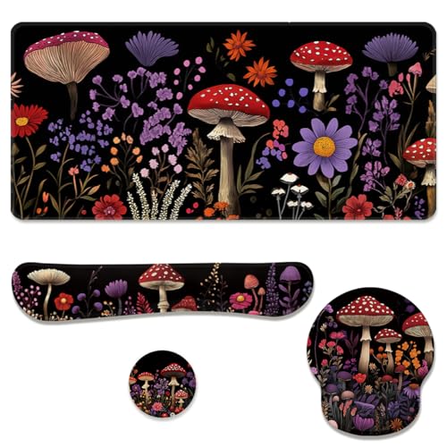 Mushroom Flowers Desk Mat Set Dark Botanical Art Large Mouse Pad with Wrist Rest 4-in-1 Desk Mat for Desktop Ergonomic Keyboard Wrist Support Anti-Slip Computer Ergonomic Mouse Pad Home Office Gaming - color: Mushroom Flowers, size: 34.5" x 15.7"