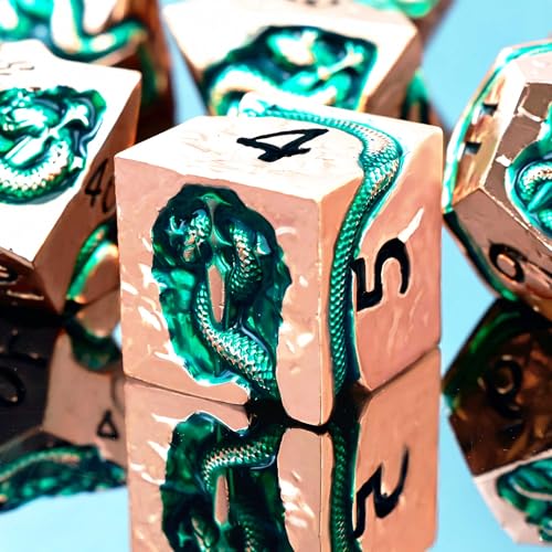 RULE DICE Serpent's Embrace Metal DND Dice Set - 7pc Polyhedral D&D Dice for TTRPGs Like Dungeons and Dragons and Pathfinder - Emerald Green Snake Design, Heavy & Balanced for Tabletop Gaming - color: Ld-rose Gold
