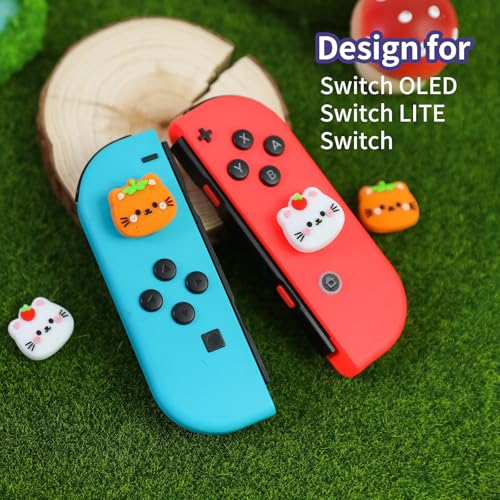 Switch Joycon Thumb Grips Caps, 4 PCS Cute Kawaii 3D Silicone Analog Thumbstick Button Cover Compatible with Nintendo Switch Lite/OLED Joystick Caps (Orange+White Cat) - color: Orange+White Cat