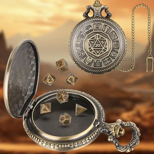 Keller & Weber Mini DND Dice Set, Center Number Dice Pocket Watch Case, 7 Piece Polyhedral Metal D&D Dice, DND Gifts with Gift Box, Role Playing Board Game Accessories, Bronze - color: Bronze