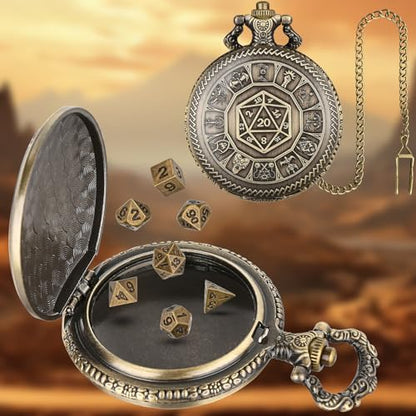Keller & Weber Mini DND Dice Set, Center Number Dice Pocket Watch Case, 7 Piece Polyhedral Metal D&D Dice, DND Gifts with Gift Box, Role Playing Board Game Accessories, Bronze - color: Bronze