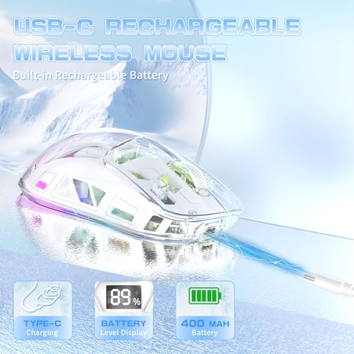 ZIYOU LANG A2 Transparent Wireless Gaming Mouse with Battery Level Display,Bluetooth/2.4G Wireless PC Mice,3D RGB Backlit,5 Million Clicks,PixArt 3212,up to 4000 DPI for Win/MAC (White) - color: White