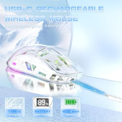 ZIYOU LANG A2 Transparent Wireless Gaming Mouse with Battery Level Display,Bluetooth/2.4G Wireless PC Mice,3D RGB Backlit,5 Million Clicks,PixArt 3212,up to 4000 DPI for Win/MAC (White) - color: White