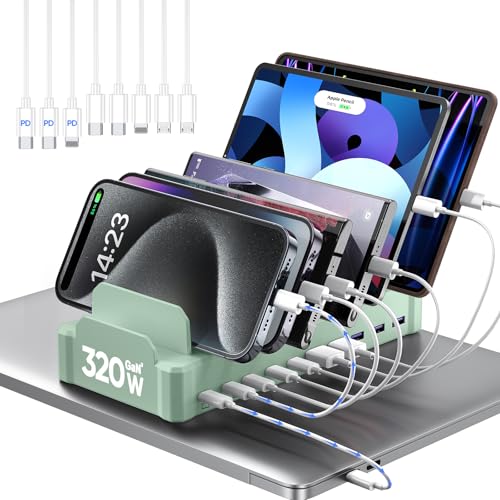 Charging Station for Multiple Devices, Zobirez 10-Port USB C Fast Charger Stations for MacBook, iPhone, Android Cell Phone, iPad, Tablet, Family Multi-Device Organizer Charging Dock, Green - color: Green