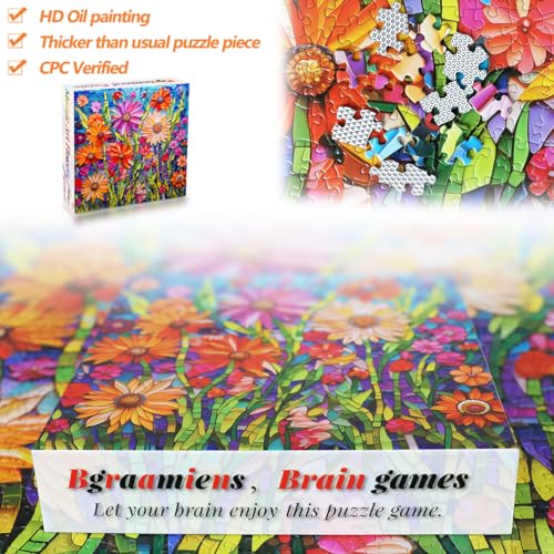 Bgraamiens-Mosaic Art Flowers-1000 Pieces Puzzle for Adults, Stained Glass Jigsaw with Flowers, Impossible Puzzle Color Challenge Hard Puzzles for Adults - color: Mosaic Art Flowers
