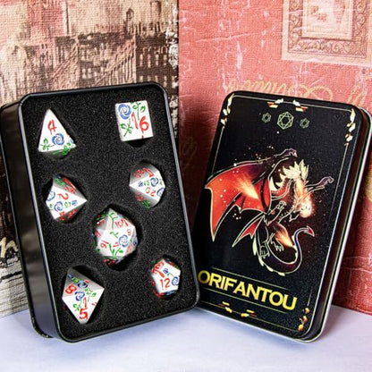 Gothic DND Dice Set Bleeding Rose Metal D and D Dice for use with Dungeons Dragons D&D Role Playing Game, Blue Purple RPG Polyhedral Dice Set D20 D12 D10 D8 D6 D4 - color: Purplish Blue&silver&red Numbers