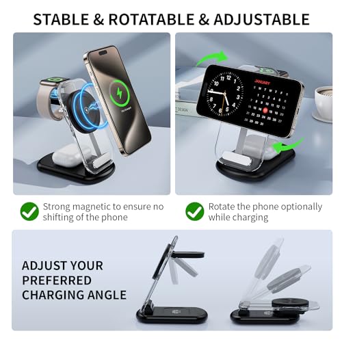 2026 Traveling Wireless Mag-Safe Fast Charging Station,Magnetic 3 in 1 Charger with Light for iPhone 17 16 15 14 13 12 Pro Max Plus,Apple Watch & Air pods 4 3 2 Pro-Gifts for Wife & Husband(Black) - color: Black