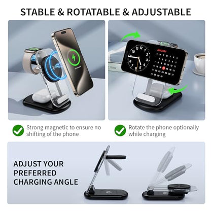 2026 Traveling Wireless Mag-Safe Fast Charging Station,Magnetic 3 in 1 Charger with Light for iPhone 17 16 15 14 13 12 Pro Max Plus,Apple Watch & Air pods 4 3 2 Pro-Gifts for Wife & Husband(Black) - color: Black
