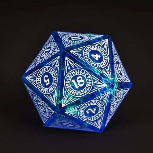 Cusdie Single D20 DND Dice with Sharp Edges and Glitter Foil Inclusions, 20 Sided D&D Dice, 33mm Handcrafted Polyhedral Dice, for Role Playing Game (Blue w/White Pattern) - color: Blue W/White Pattern