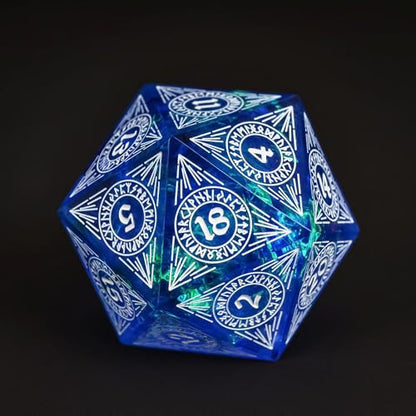 Cusdie Single D20 DND Dice with Sharp Edges and Glitter Foil Inclusions, 20 Sided D&D Dice, 33mm Handcrafted Polyhedral Dice, for Role Playing Game (Blue w/White Pattern) - color: Blue W/White Pattern