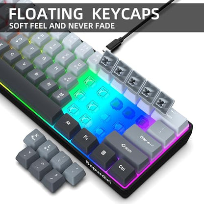 Snpurdiri 60% Wired Gaming Keyboard, 61 Keys RGB Backlit Ultra-Compact Small Gaming Keyboard, for PC/Mac Gamer, Typist, Travel, Easy to Carry on Business Trip (Grey-Black) - color: Gradient Grey and Black
