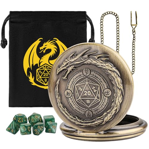 Dragon with D20 Theme Dice Set, Green Small Acrylic Dice for RPGs Pathfinder, DND Starter Set, Pocket Watch Dice Set Gift with Bag, Mystery Gifts for DND Fans, Stocking Stuffer Gifts - color: Dragon with D20