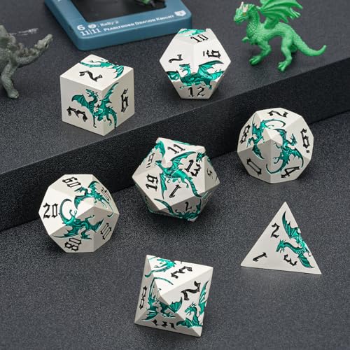 Sharp Edge Metallic DND Dragon Dice Set,Metal Polyhedral Dice with Dragon for Dungeons and Dragons RPG TTRPG D&D 7-Die Set with Gift Case Pearl Silver Transparent Green - color: Dragon-pearl Silver Transparent Green