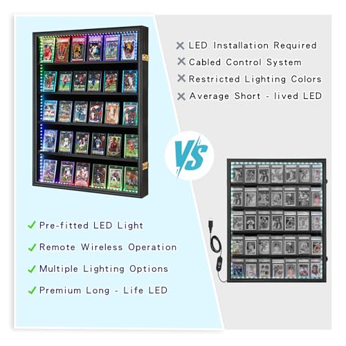VERANI 35 LED Graded Sports Baseball Card Display Case Wall Mount Black | Large 35-slot inner space,Built-in soft LED light strips,Fully sealed dustproof structure,Wall mount vertical design - size: Large-Vertical-Black-with LED