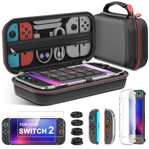 Switch 2 Case for Nintendo Switch 2 (2025)/Switch/OLED, with 4-in-1 Accessories Bundle Kit for Nintendo Switch 2, 3X Transparent Protective Cover+2X Screen Protectors+4X Thumb Caps, Accessories Set with Carrying Case for Switch - size: Case + 4-in-1 Bundl