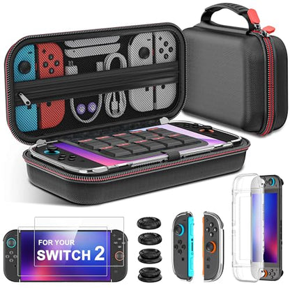 Switch 2 Case for Nintendo Switch 2 (2025)/Switch/OLED, with 4-in-1 Accessories Bundle Kit for Nintendo Switch 2, 3X Transparent Protective Cover+2X Screen Protectors+4X Thumb Caps, Accessories Set with Carrying Case for Switch - size: Case + 4-in-1 Bundl
